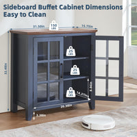 Dark blue sideboard cabinet with two glass doors and open center shelves