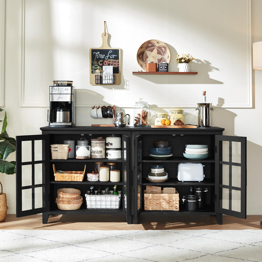 Black buffet cabinet with glass doors, open shelves, and two central compartments
