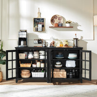 Black sideboard buffet cabinet with open shelves and glass-door compartments