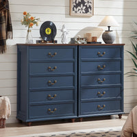 Navy blue farmhouse 5-drawer dresser with brass-tone handles and two-door panel base
