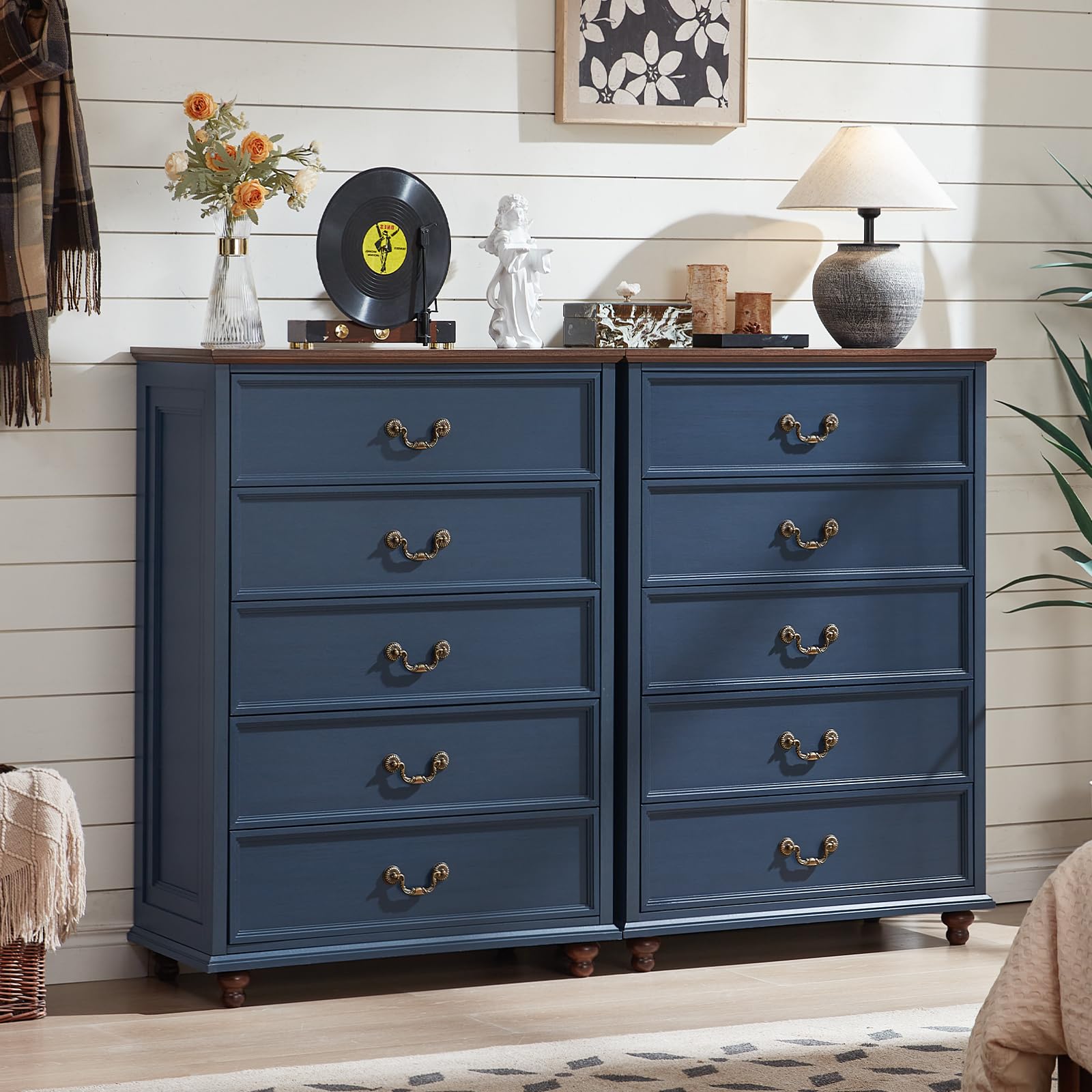 Farmhouse 5 Drawer Dresser for Bedroom, 45" Tall Rustic Chests of Drawers w/ 4 Solid Wood Feet, Mid Century Modern Wooden Closet Storage Dressers Organizer for Living Room, Hallway, Navy Blue