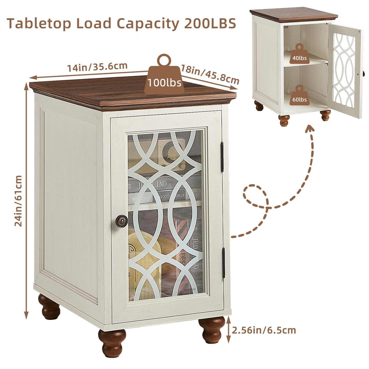 White wood nightstand cabinet with glass door and rounded turned legs
