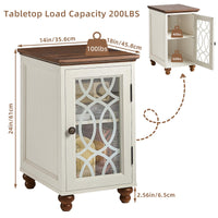 White wood nightstand cabinet with glass door and rounded turned legs