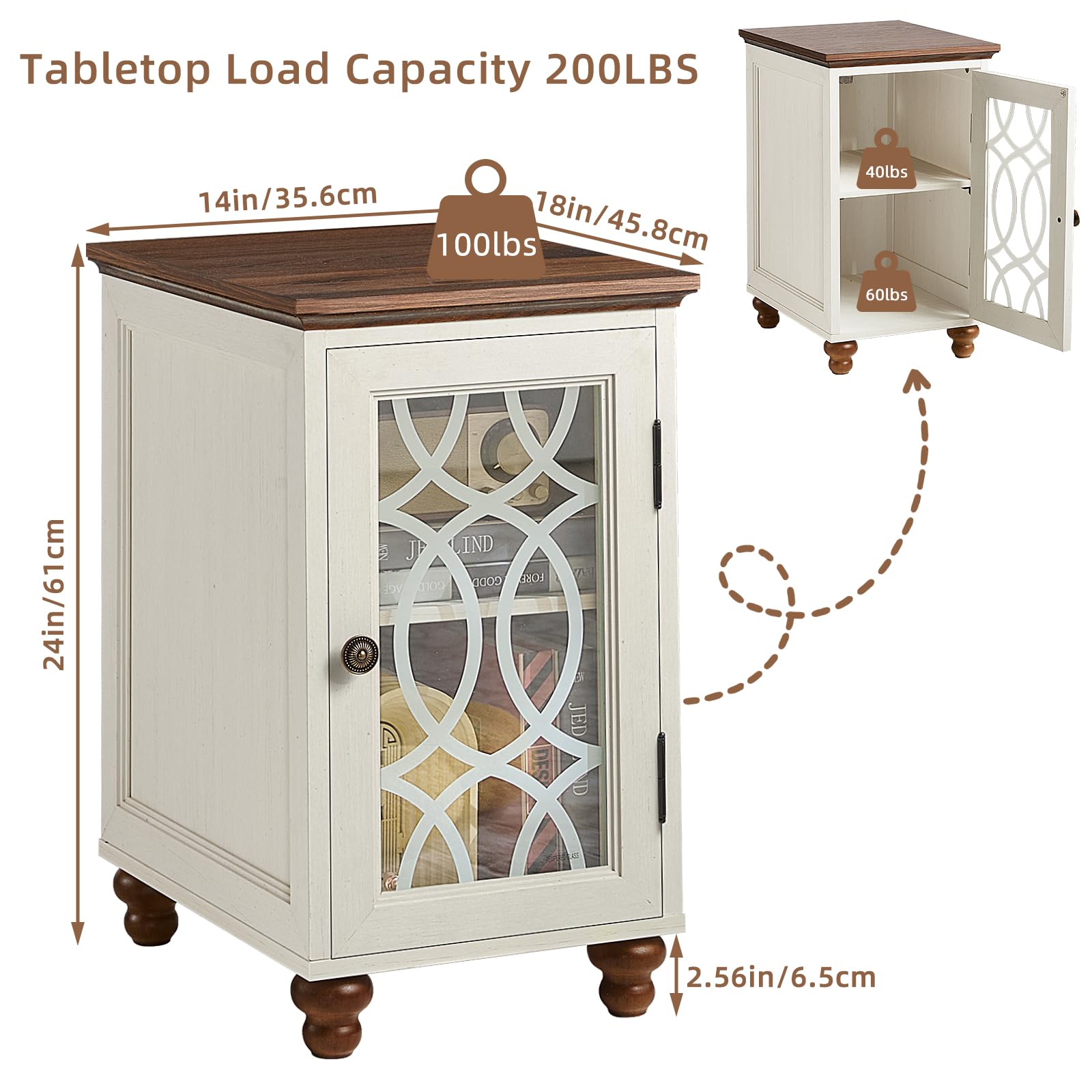 White wood nightstand cabinet with glass door and rounded turned legs