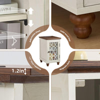 White narrow cabinet side table with lattice glass door and adjustable shelf feature details.