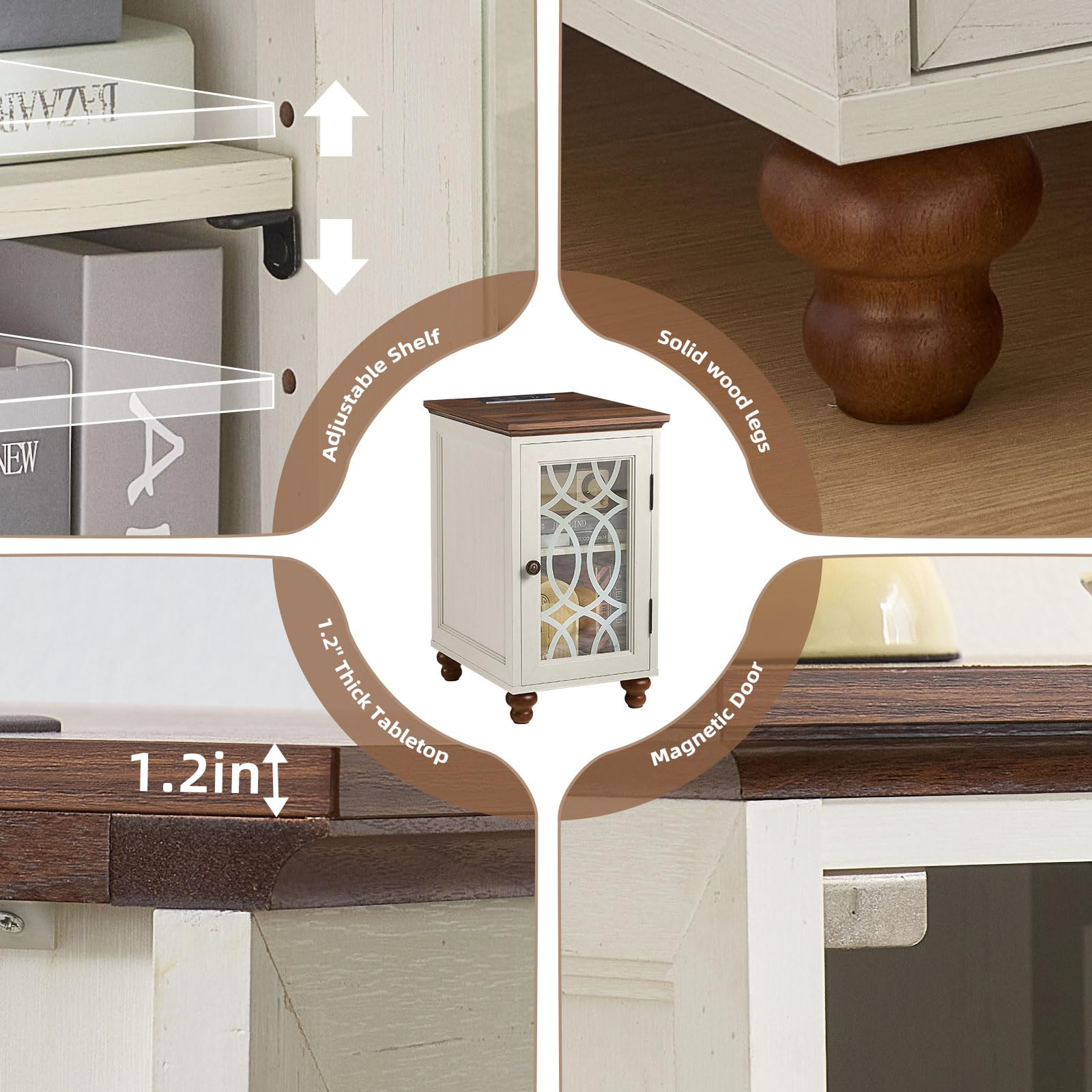 White narrow cabinet side table with lattice glass door and adjustable shelf feature details.