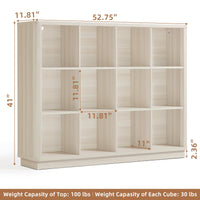 White wood horizontal cube storage bookshelf with open cubbies and curved top edge