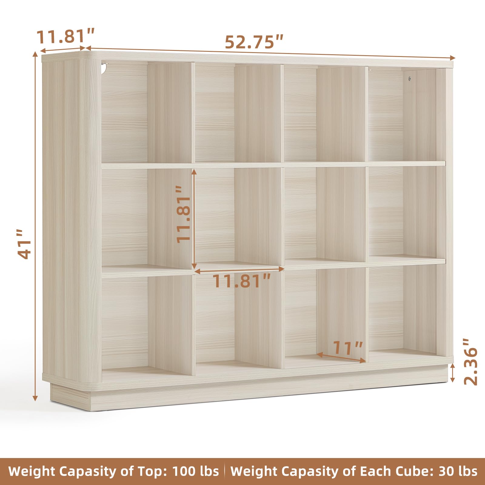 White wood horizontal cube storage bookshelf with open cubbies and curved top edge
