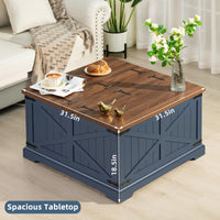 Navy blue coffee table with flip-top lid and brown tabletop for hidden storage