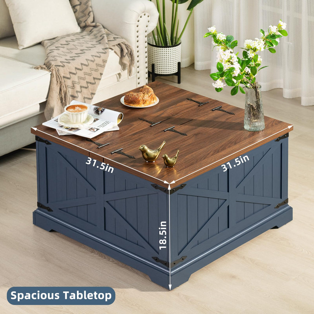 Navy blue square coffee table with rustic brown tabletop and lift hinge details