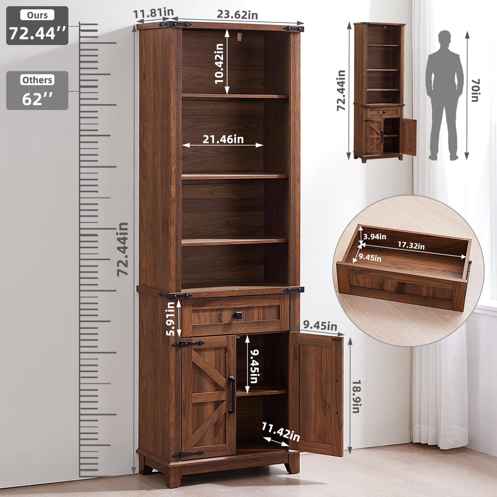 72in Tall Bookshelf 7 Tier Bookcase with Drawer and Barn Doors and Adjustable Shelves, Black Farmhouse Book Shelf with Storage Cabinet, Wood Freestanding Display Bookshelves for Living Room