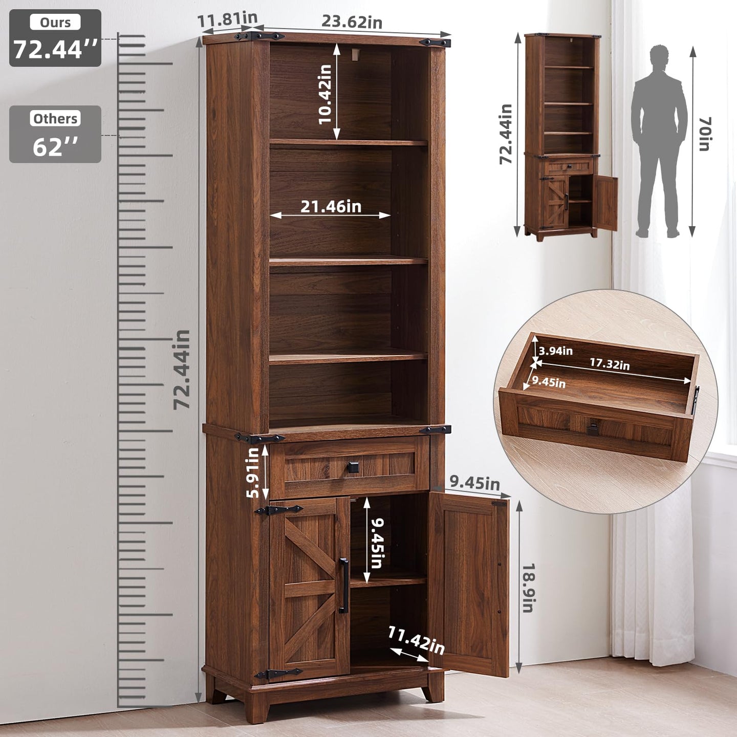 Dark wood bookcase with barn door, interior shelves, and labeled dimensions