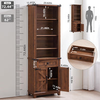 Dark wood bookcase with barn door, interior shelves, and labeled dimensions