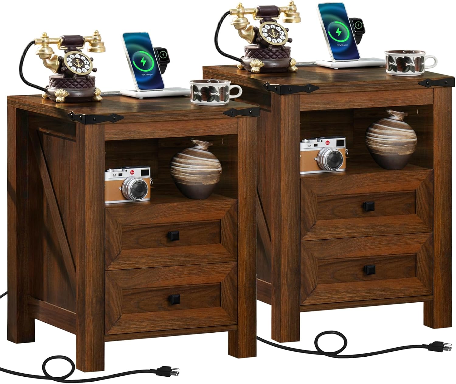 Set of two brown farmhouse nightstands with top charging ports and drawers