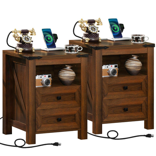 Brown wooden nightstand with charging station, two drawers, and side shelf storage