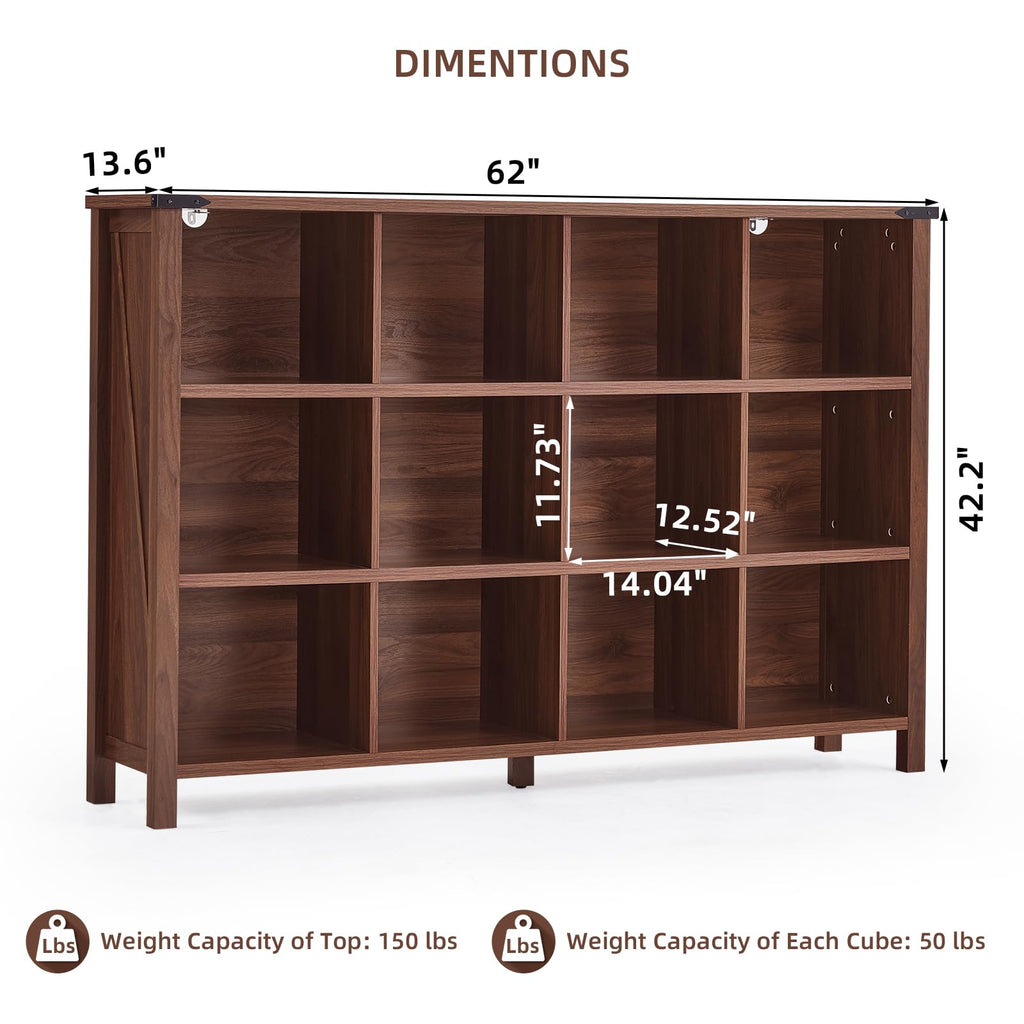 Brown walnut bookcase with open cubbies and side legs, low console style storage