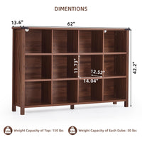 Brown walnut bookcase with open cubbies and side legs, low console style storage