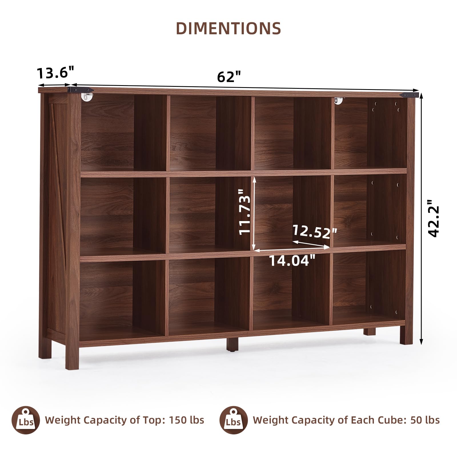 Brown walnut bookcase with open cubbies and side legs, low console style storage