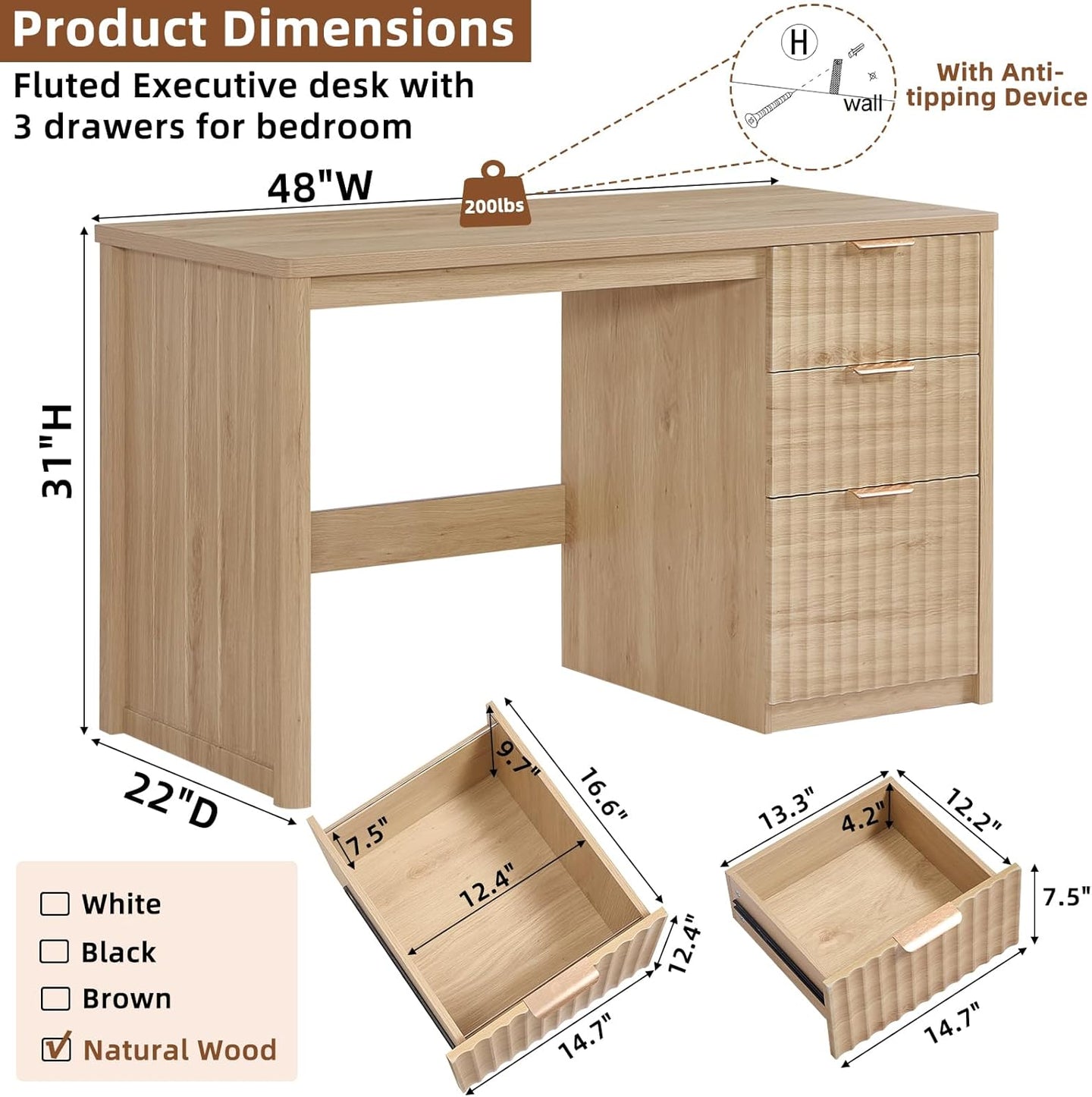 Fluted wood executive desk with three drawers and metal bar handles, open storage shelf