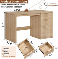 Fluted wood executive desk with three drawers and metal bar handles, open storage shelf