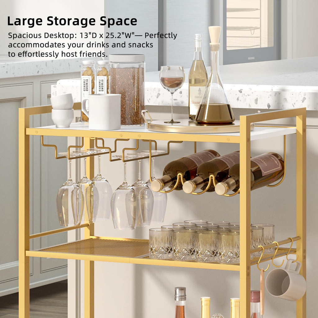 Gold bar cart with 3 shelves for bottles, barware, and cups; open wine rack design