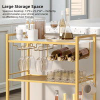 Gold bar cart with 3 shelves for bottles, barware, and cups; open wine rack design