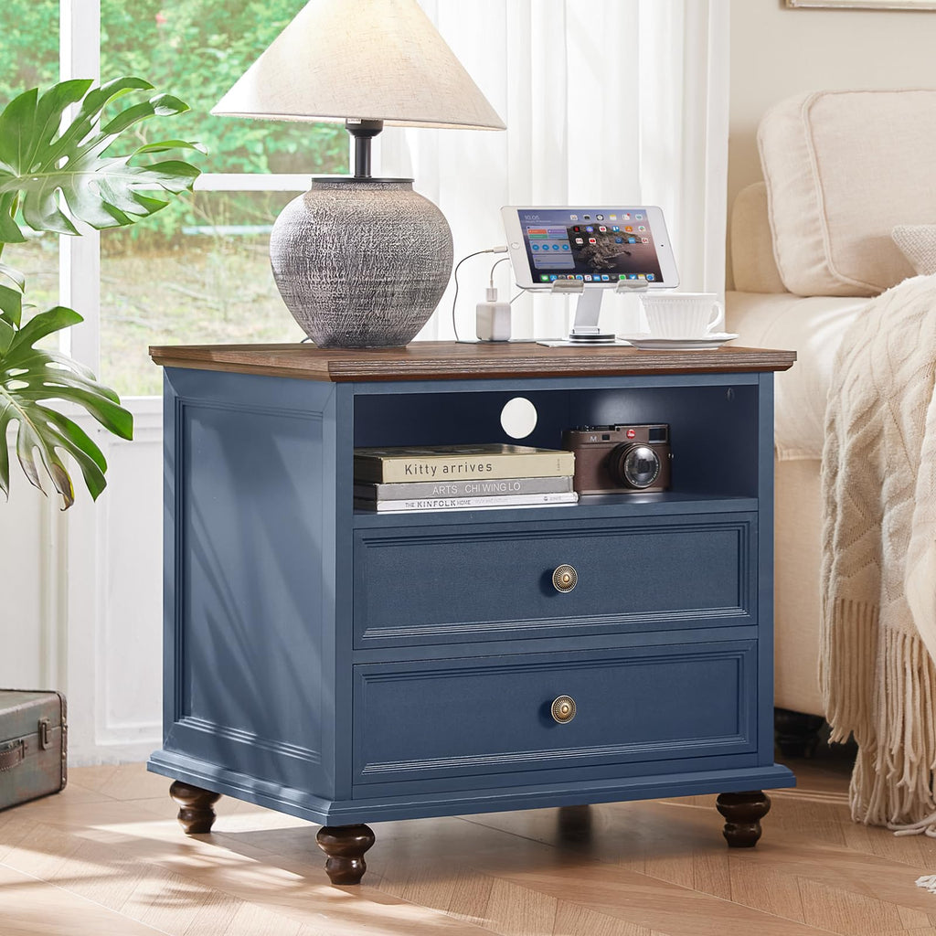 Blue wooden nightstand-style dresser with two drawers and round knobs.