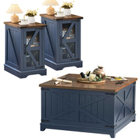 Farmhouse side table with glass barn door, navy blue finish, and built-in cabinet storage