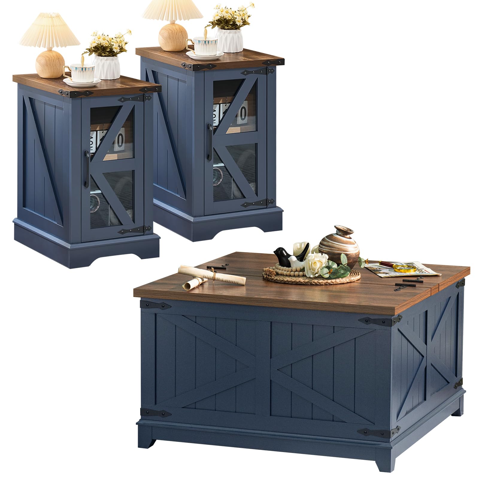 Farmhouse Coffee Table Sets 3 Pieces, Narrow Night Stand with Glass Barn Door Storage, Large Coffee Tables with Hidden Storage Organizer, Wood Furniture Sets for Living Room, Office, Blue