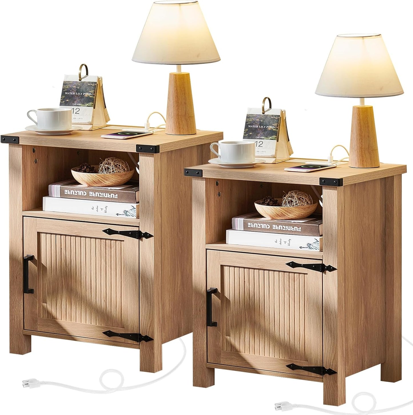 Joaxswe 18-Inch Nightstand with Charging Station and Fluted Door,Dark Blue | 18-inch bedside table with AC and USB charging, open storage and a magnetic fluted door for bedroom essentials