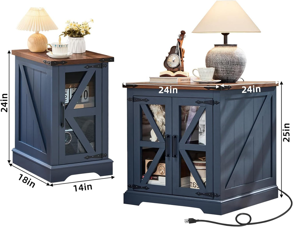 End Tables Living Room Set 2, 18'' Night Stand and 24" Square Side Table with Charger Station, Wood Furniture Sets, Nightstand Bedside End Table for Bedroom