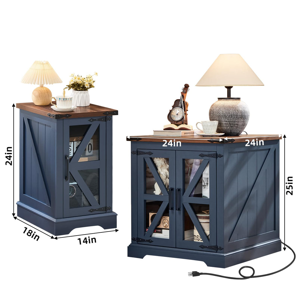 Navy blue end table set with cabinet doors and open shelves, power cord visible on floor