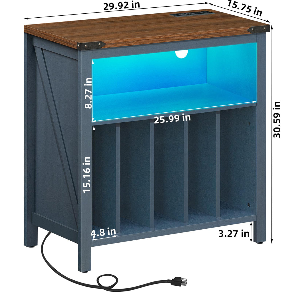 Brown record player stand cabinet with open front shelves and blue LED interior