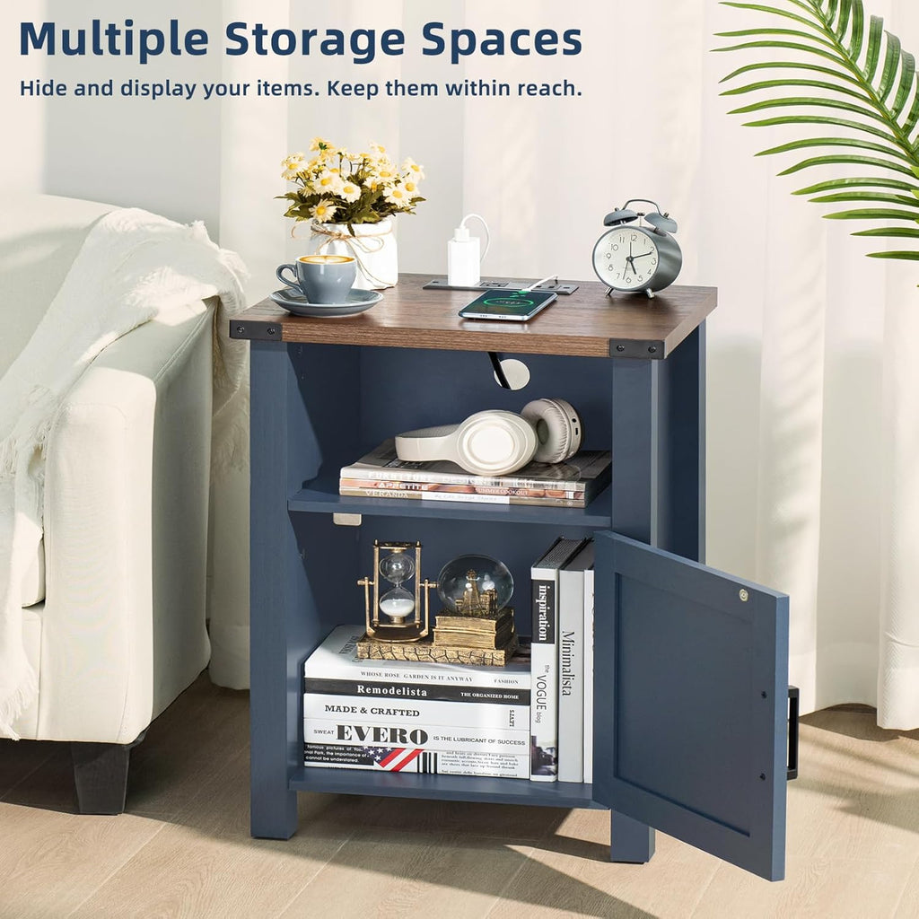 Blue nightstand showing multiple storage spaces with open shelves and side cabinet door