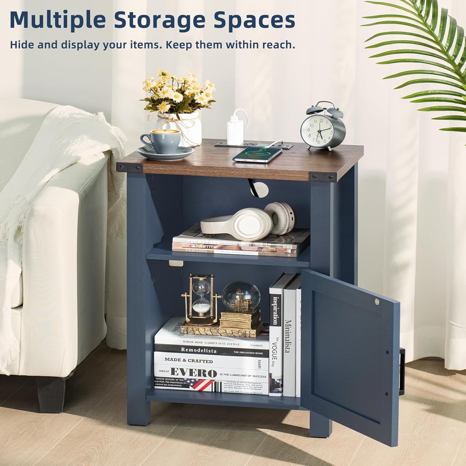Blue nightstand showing multiple storage spaces with open shelves and side cabinet door