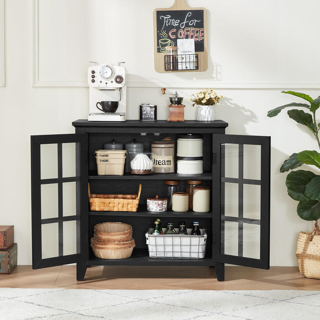 Black sideboard cabinet with open center storage for jars and pantry items