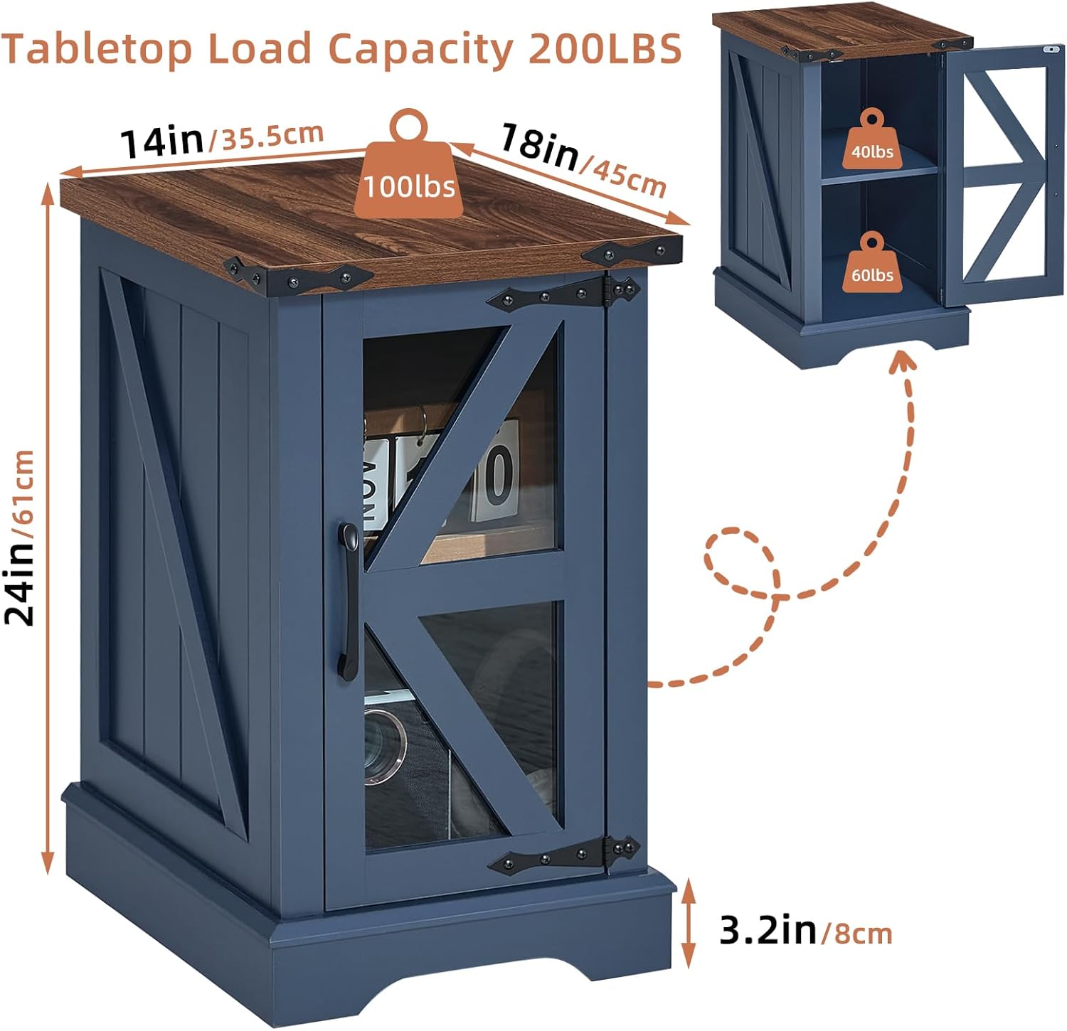 Navy blue narrow nightstand with dark wood top and glass-pane door