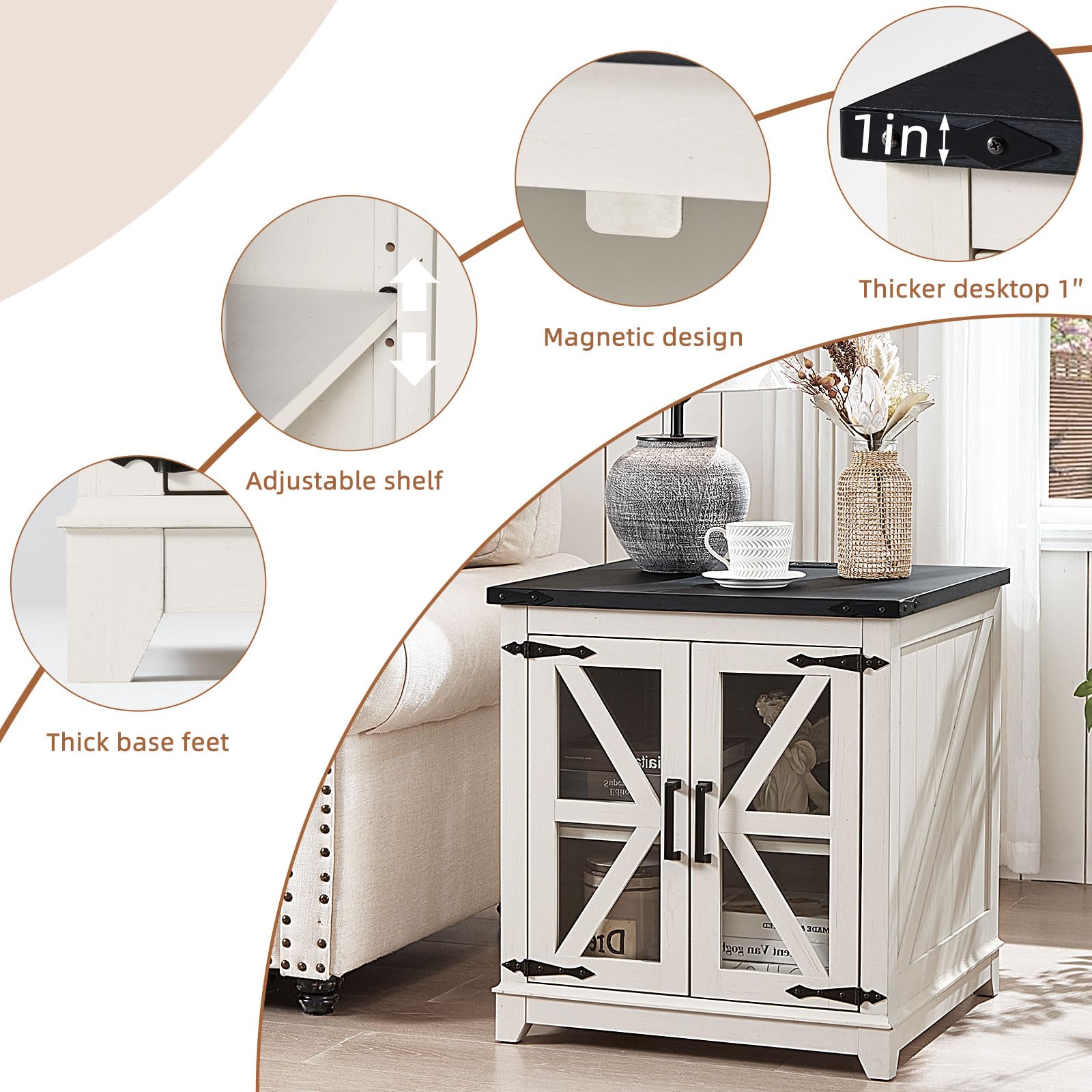 White farmhouse side table with adjustable shelf and paneled cabinet doors, black top