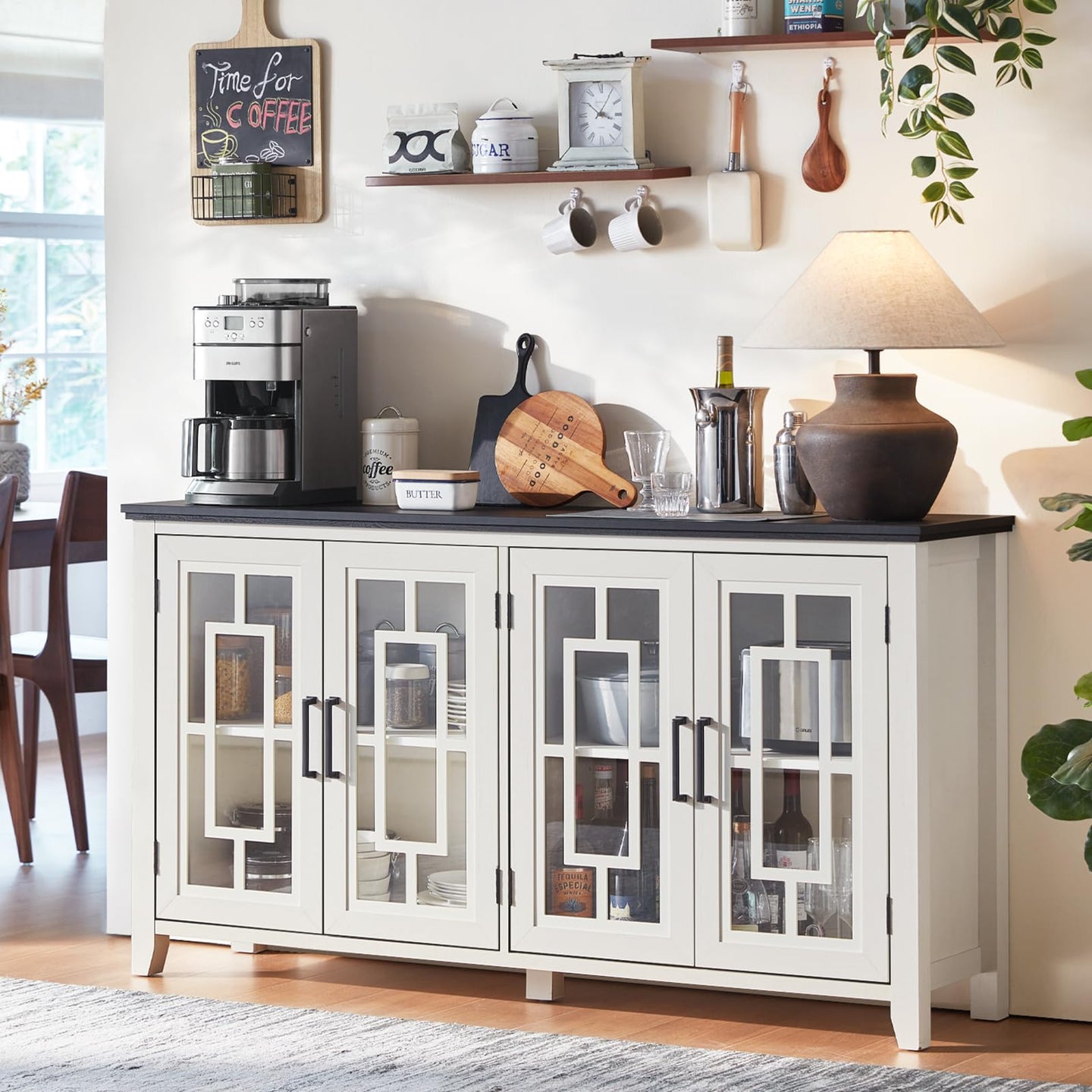 White sideboard cabinet with multiple glass doors and vertical panel styling