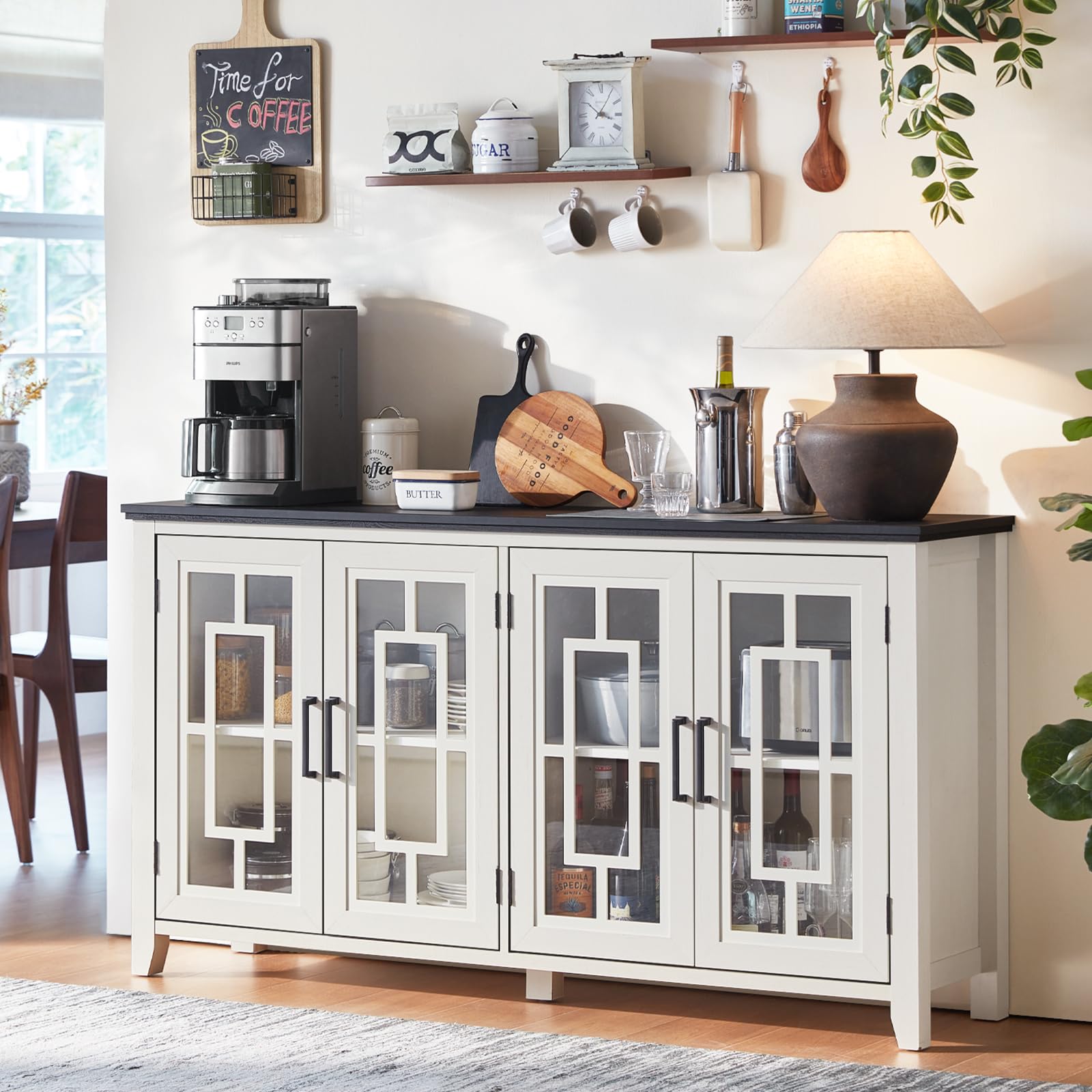 Farmhouse sideboard cabinet with four glass doors, white finish, and enclosed cabinet storage