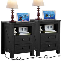 Black farmhouse nightstand with charging top, two drawers, and open shelf storage
