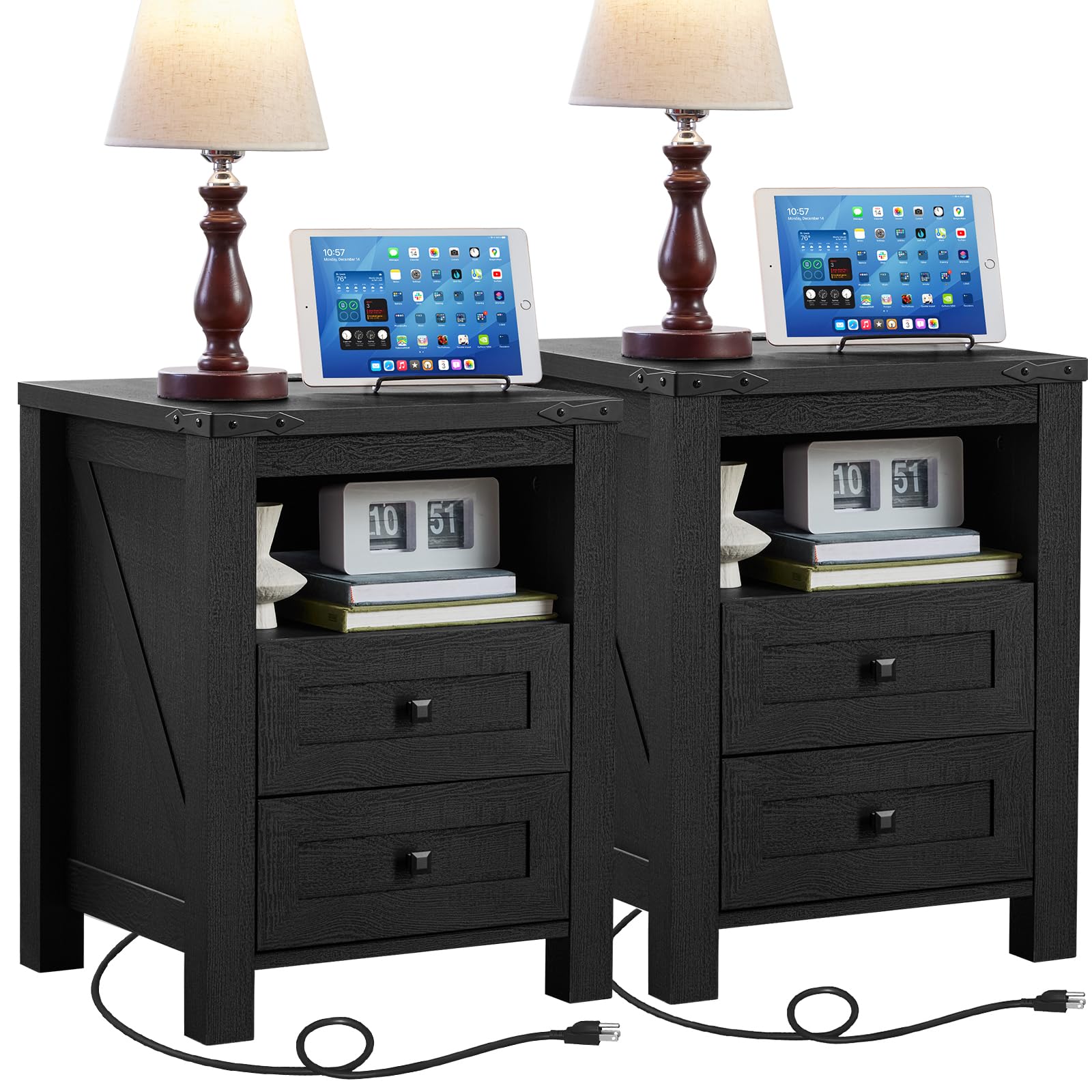 Black farmhouse nightstand with charging top, two drawers, and open shelf storage