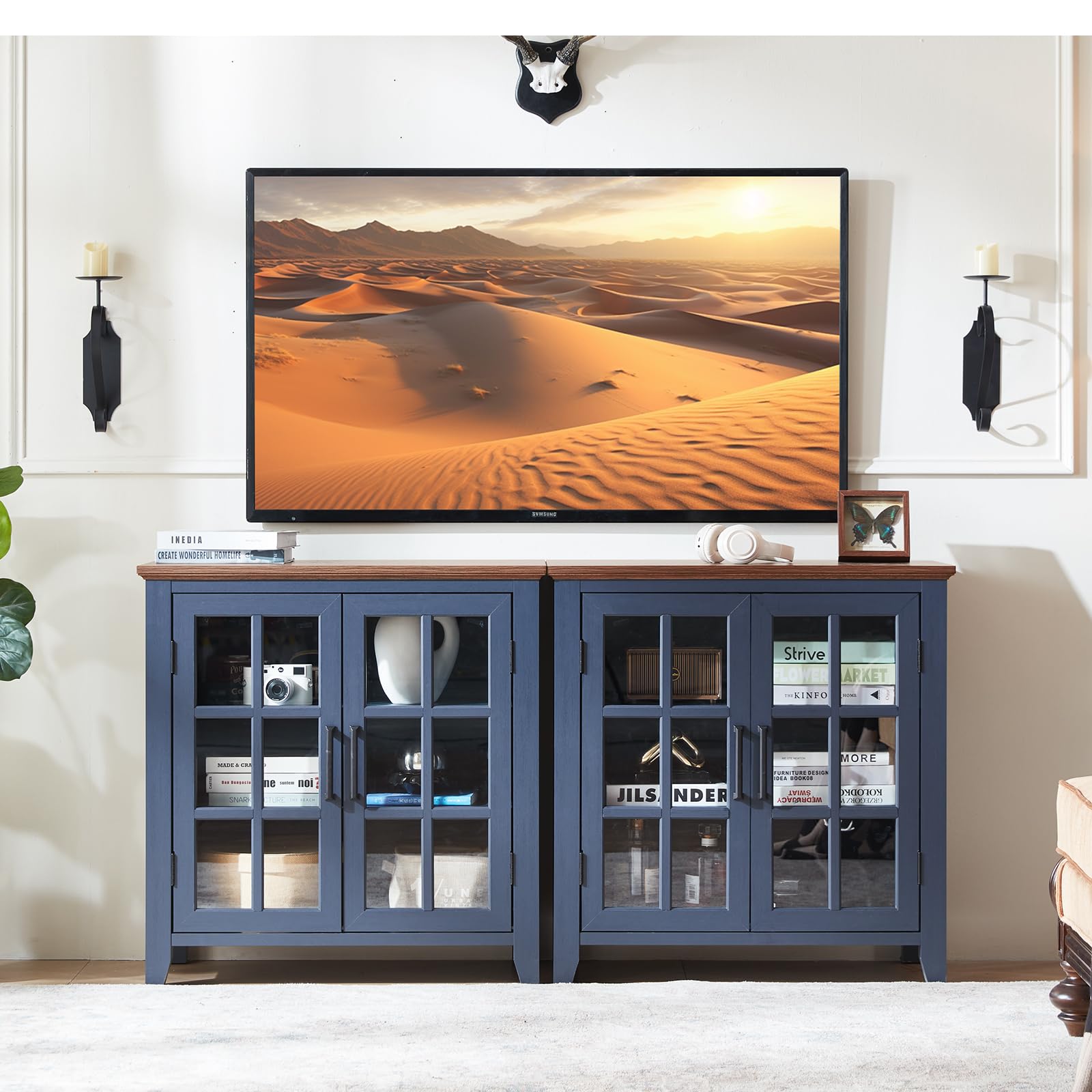Dark blue sideboard buffet cabinet with glass-panel doors and open media storage