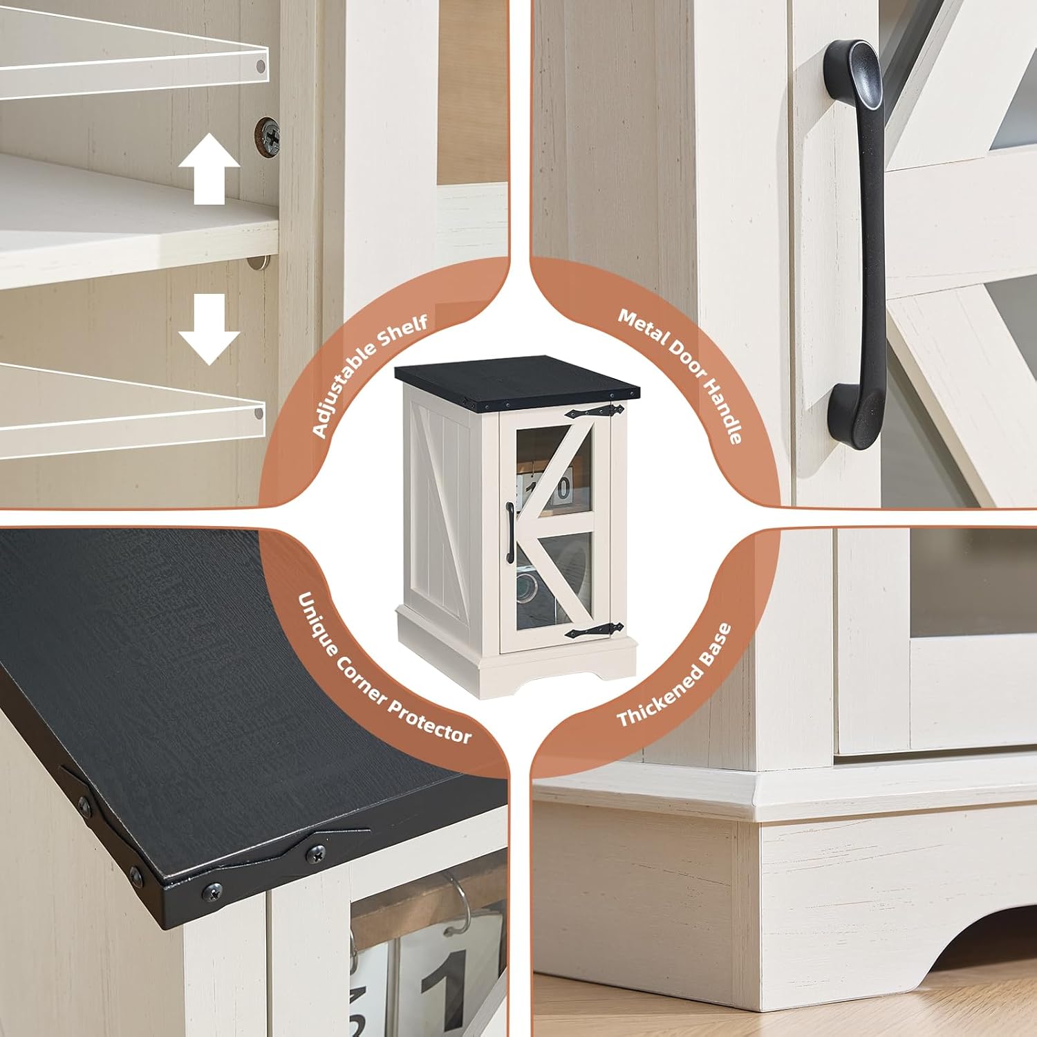 White nightstand cabinet with adjustable glass-shelf door and black tabletop