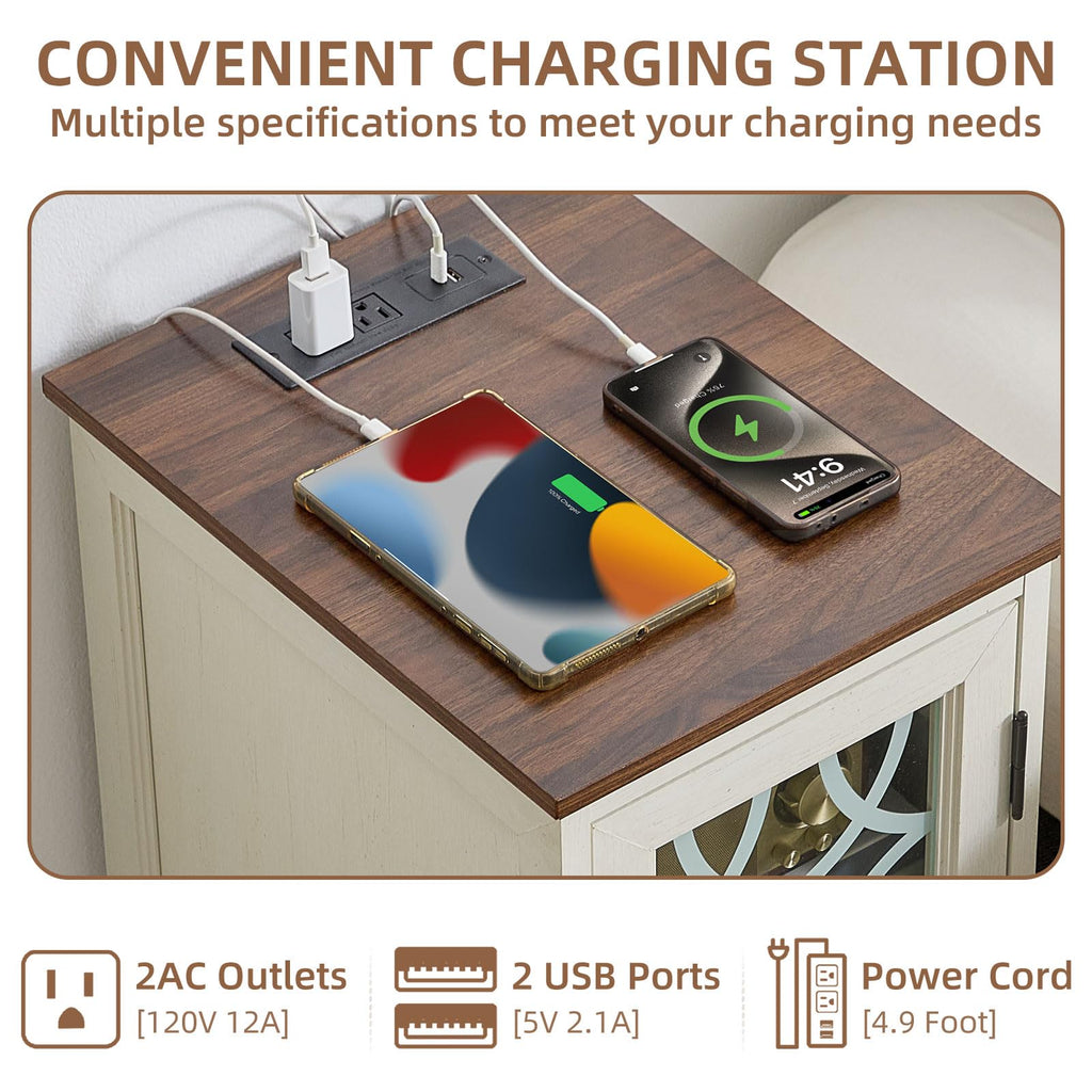 Narrow end table charging station with power outlets, USB ports, and stacked cable connections.