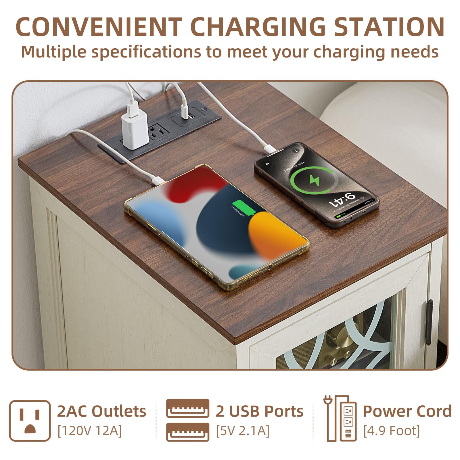 Narrow end table charging station with power outlets, USB ports, and stacked cable connections.