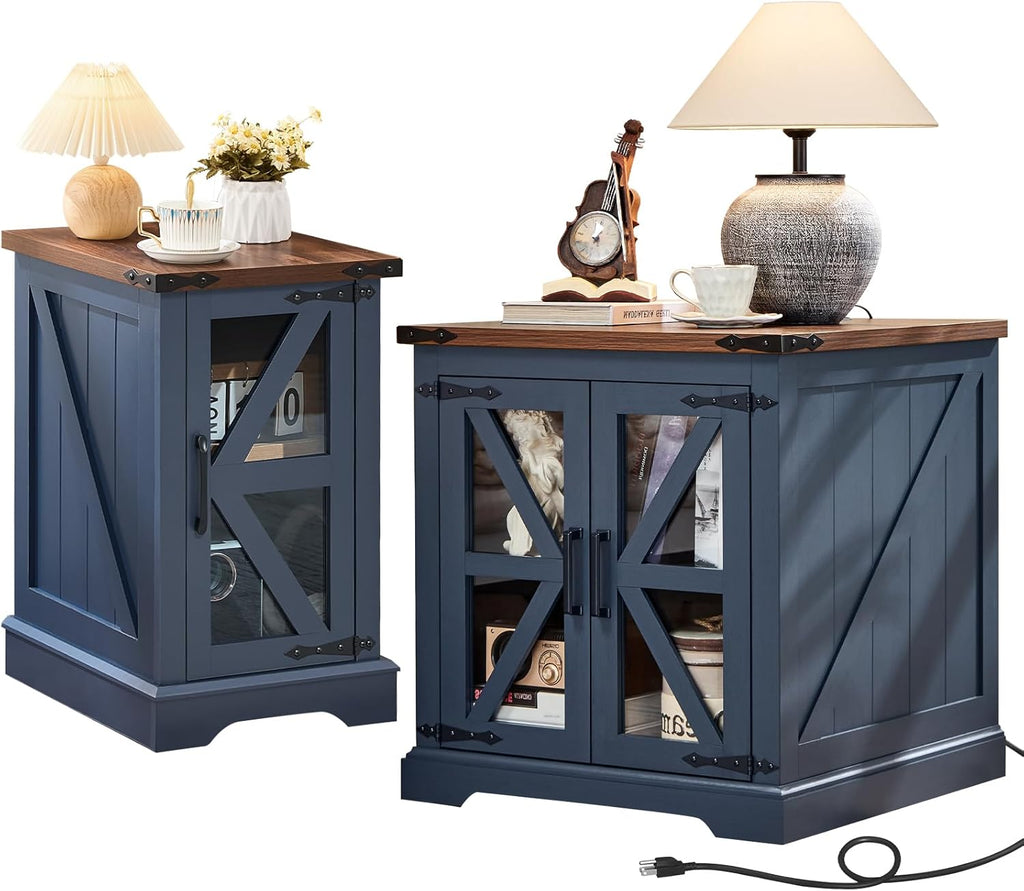 End Tables Living Room Set 2, 18'' Night Stand and 24" Square Side Table with Charger Station, Wood Furniture Sets, Nightstand Bedside End Table for Bedroom