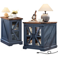 Navy blue end table set with cabinet doors and open shelves, flat top for lamp and decor