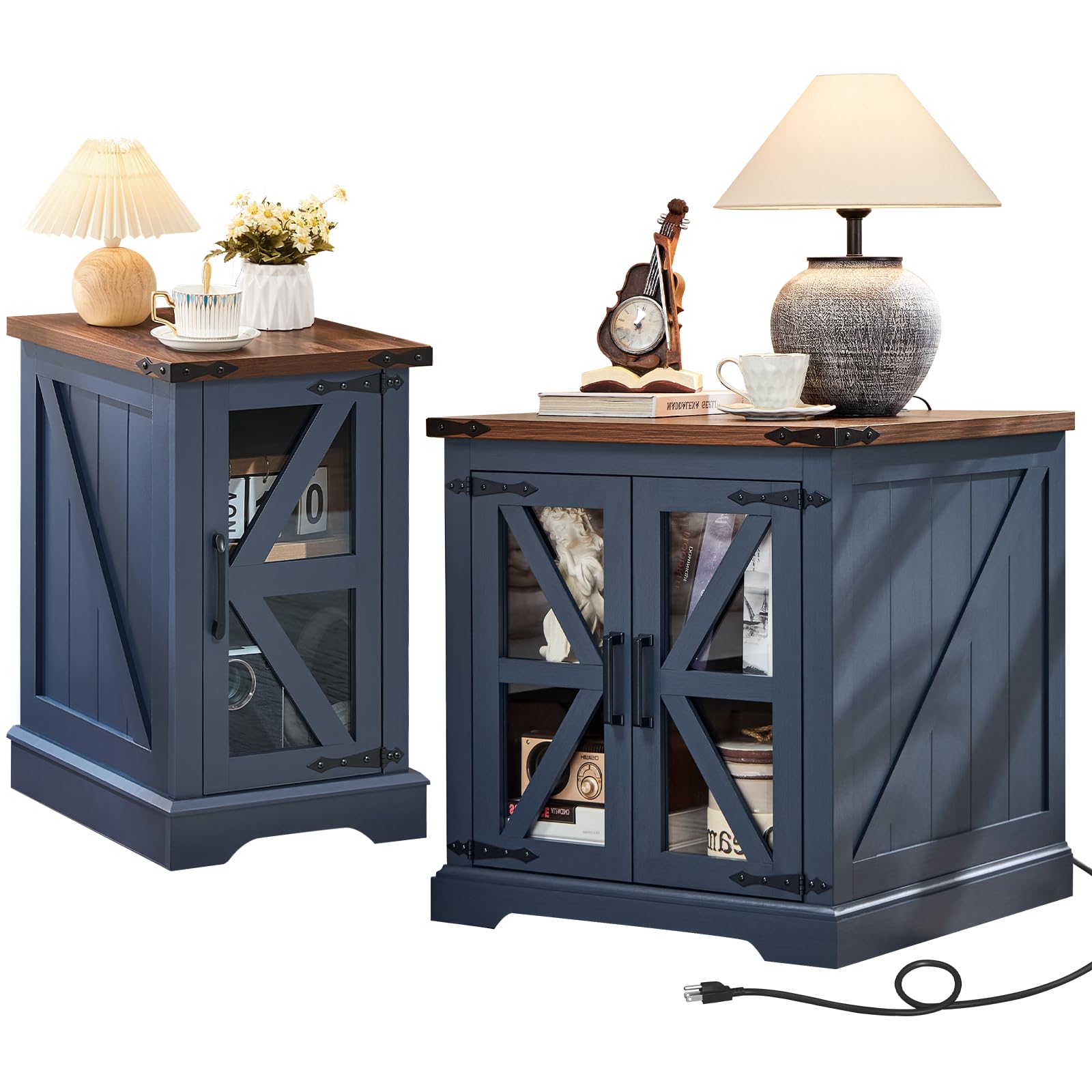 End Tables Living Room Set 2, 18'' Night Stand and 24" Square Side Table with Charger Station, Wood Furniture Sets, Nightstand Bedside End Table for Bedroom