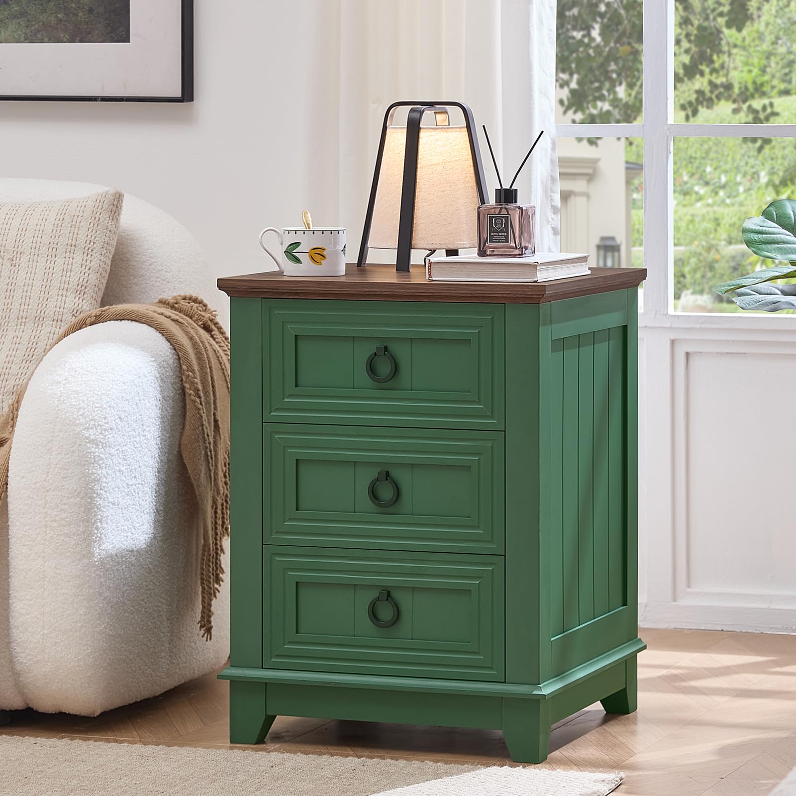Green 3-drawer farmhouse nightstand with metal ring pulls and wide top